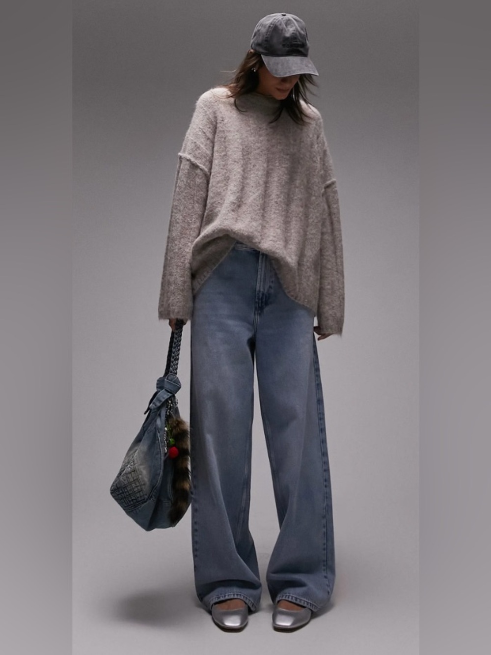 Topshop Fluffy Wide Rib Sweater- Brown